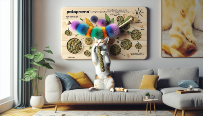 A cat playing with a colorful, wall-mounted Potaroma chew toy with catnip in a modern living room.