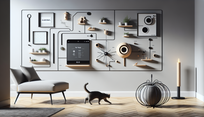 A sleek, modern catnip wall-mounted toy enhancing a stylish living room's aesthetics, with a cat playing.