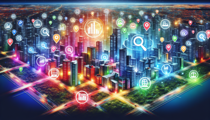 A city map with local businesses highlighted, SEO graphs, and search icons showing local SEO impact.