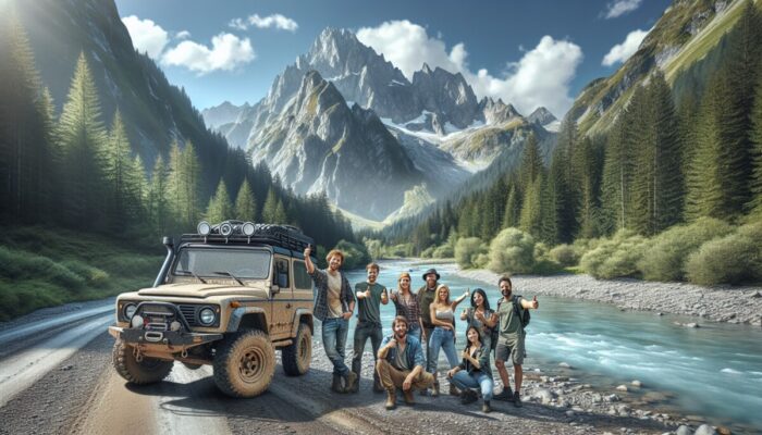 Rugged off-road vehicle with rental company logo, in mountain landscape, surrounded by satisfied customers.