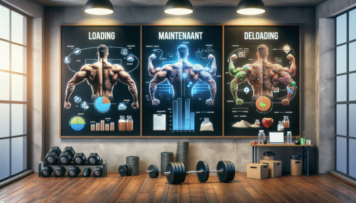 Periodising Supplement Use for Gains: A fitness chart illustrating supplementation phases: loading, maintenance, deloading, with muscle growth and nutrient timing, in a gym setting.