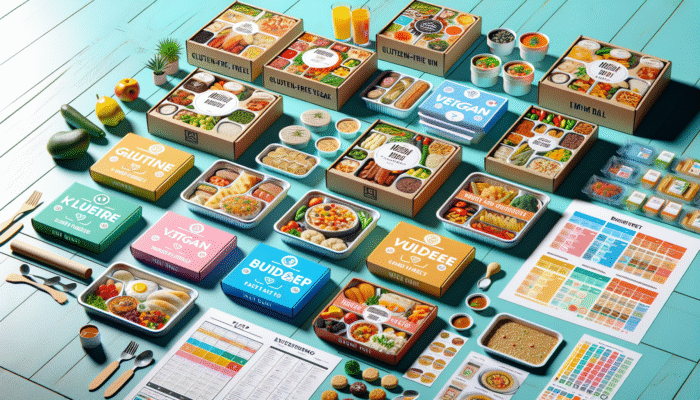 Diverse meal kits on a kitchen counter, showcasing gluten-free, vegan, meat options with budget labels.