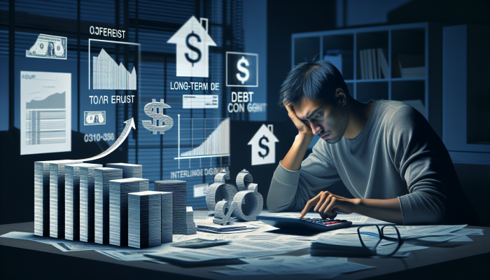 Target: United Kingdom | DCL Individual calculating interest on a debt consolidation loan, surrounded by financial documents and graphs depicting accumulation over time.