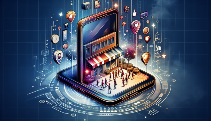 A smartphone displaying a vibrant Google Business Profile of a bustling local shop, prominently featured on Google Maps with positive reviews and detailed information.
