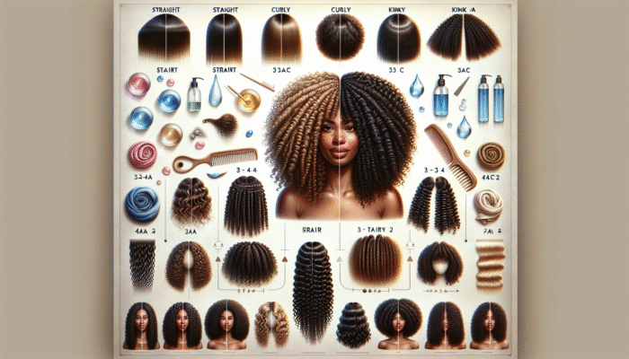 Chart illustrating hair type classifications from straight to kinky, including subsections and care tips.