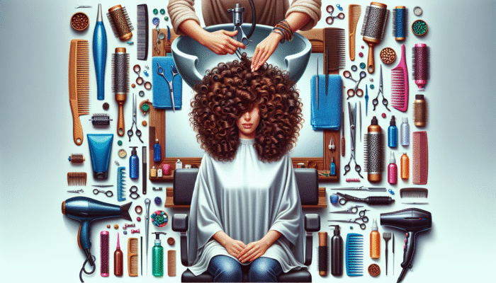 A curly-haired client receiving a customised haircut and styling in a vibrant salon with specialised tools.