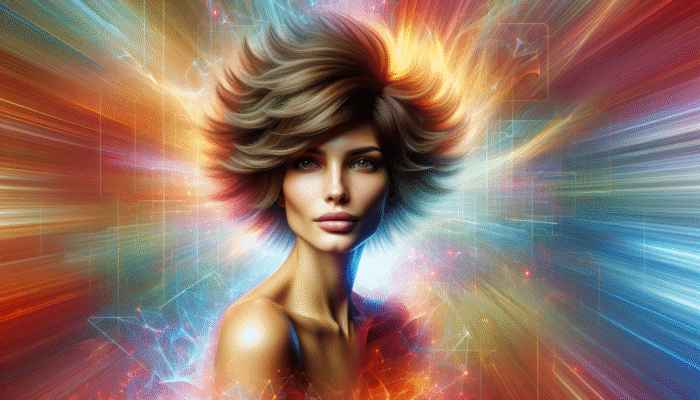 Woman with short, layered hair, full and dynamic, radiating energy, modern aesthetic.
