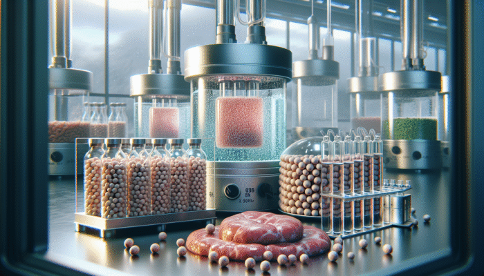 Lab setup with bioreactors growing meat from cells, using soy, pea proteins, and animal serum.