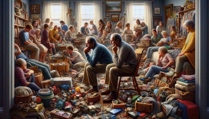 A person surrounded by supportive loved ones in a cluttered, memory-filled room, preparing emotionally for house clearance.