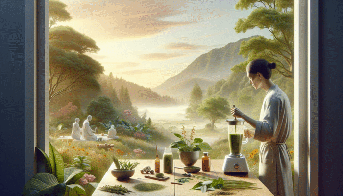 Person blending adaptogenic herbs into smoothie in nature, symbolising wellness integration.