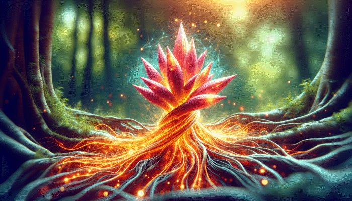 A vibrant blend of ashwagandha and rhodiola roots symbolising synergy and enhancing mental and physical health.