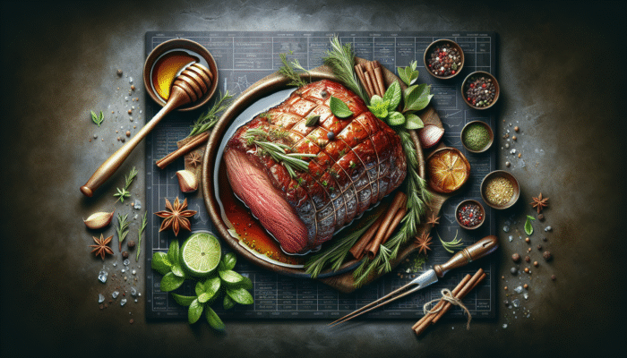 Beef chuck roast with marbling, slow-cooked, tender, surrounded by juices and herbs.