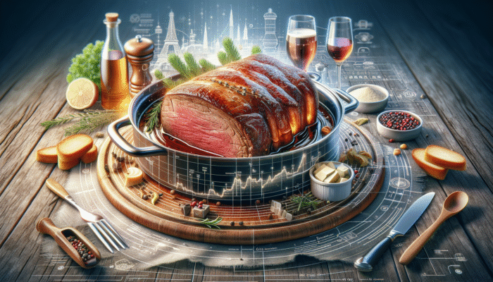 A succulent pot roast with balanced fat content, glistening with melted fat, served on a rustic table with French culinary elements.