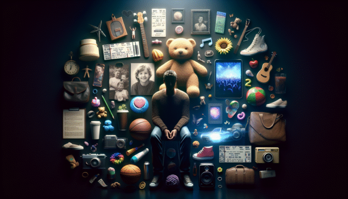 A person amidst categorized items like a teddy bear and concert tickets, evoking deep emotions.