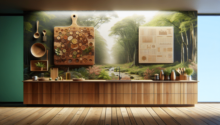 A sustainable kitchen scene showcasing a wooden cutting board made from maple, walnut, and cherry, placed against a sustainably managed forest backdrop.
