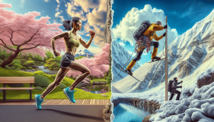 Athlete jogging in a Tokyo park and mountaineer scaling the Himalayas, both exhibiting fluid joint movements.