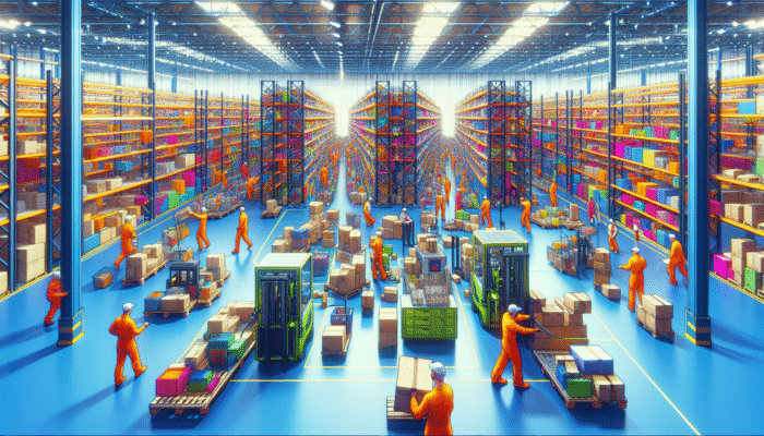 Workers in bright uniforms sorting and disposing of colourful clearance items in a vibrant warehouse using modern eco-friendly technology.