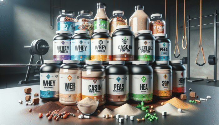 Assortment of protein powders on a table: whey, casein, plant-based options, gym equipment, vegan symbols.