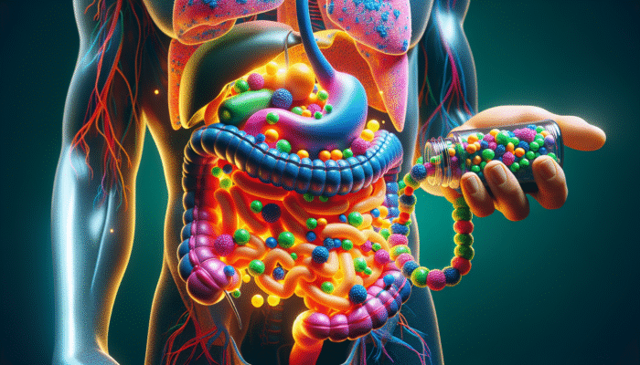 A cross-section of the digestive system demonstrating liposomes that protect nutrients, enhancing absorption and benefiting athletic performance.