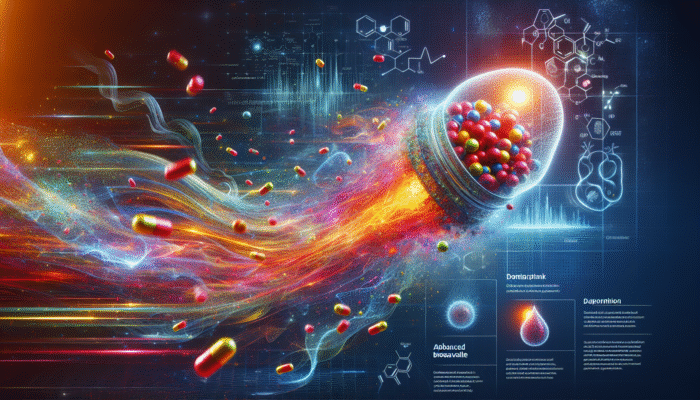 Illustration of liposomal supplements swiftly entering the bloodstream, symbolising energy and vitality.