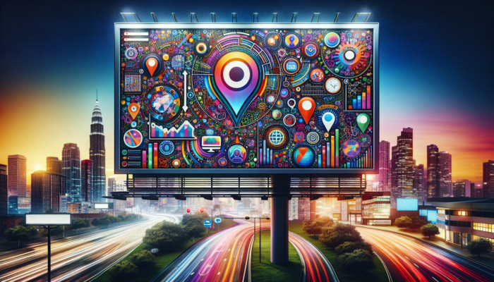 A striking digital billboard featuring "Boost Your Local SEO with Bing My Business" alongside SEO icons against a captivating cityscape at dusk.