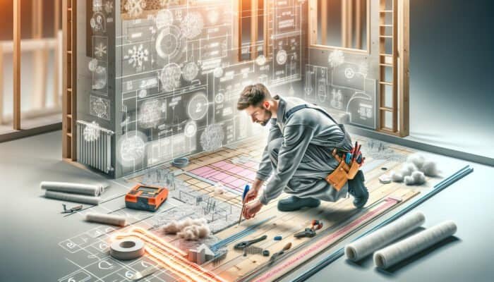 A professional installer evaluates a home's flooring and insulation for underfloor heating installation.