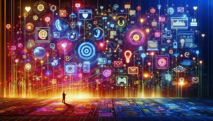 Digital Ad: A vibrant digital landscape with interconnected social media, search engines, and mobile applications, symbolising targeted advertising strategies.
