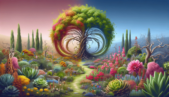 A vibrant garden with resilient plants like succulents and perennials flourishing post-disaster.