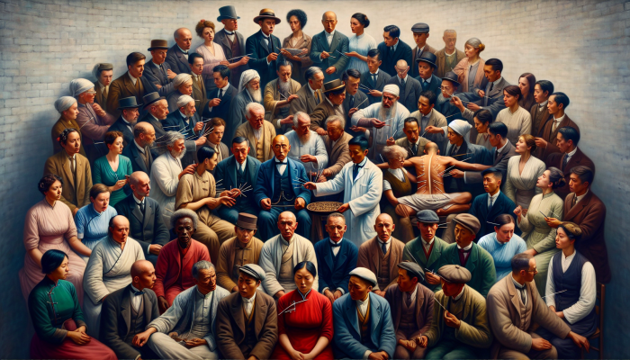 Early 20th-century British individuals engaging with an acupuncturist, reflecting a blend of curiosity and skepticism towards the ancient Chinese practice.