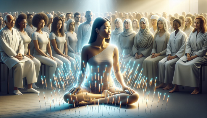 A tranquil Asian woman receiving acupuncture, surrounded by glowing needles, under the gaze of a diverse audience.