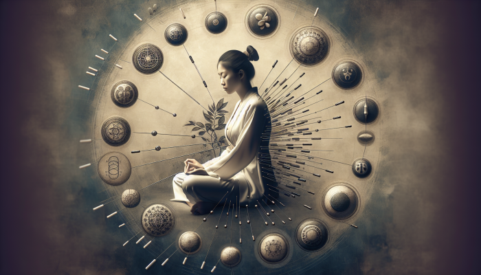A serene Asian woman receiving acupuncture, surrounded by symbols representing acupressure, reflexology, and cupping.