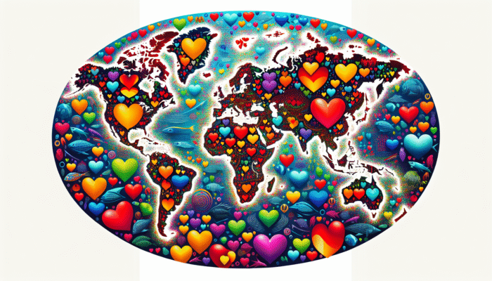 A global map illustrating omega-3 intake levels, with heart symbols and fish representing cardiovascular health.