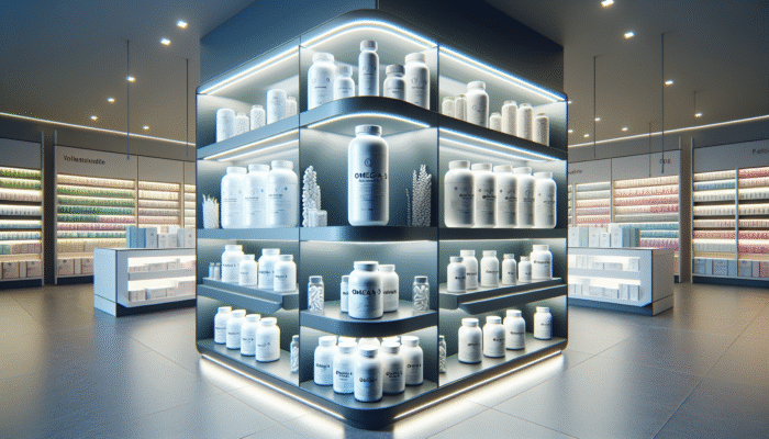 Shelves stocked with omega-3 supplements in a modern health store, labelled for purity, sustainability, and potency.