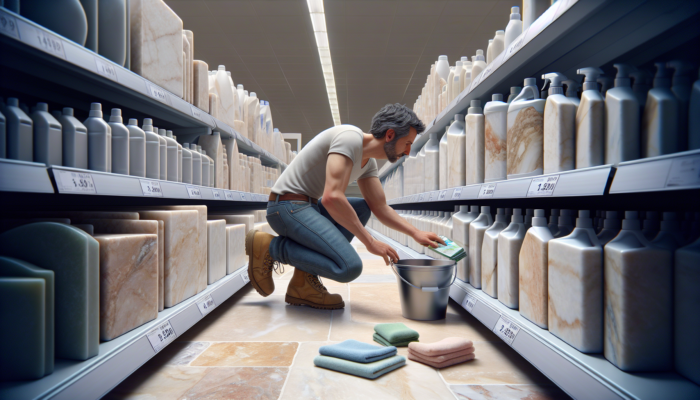 Individual choosing a pH-neutral cleaner, soft cloths, and bucket in UK supermarket aisle, with travertine tiles in background.