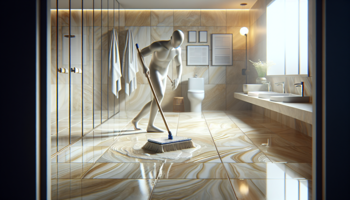 An individual rinsing travertine tiles with a mop and warm water in a bathroom, ensuring cleanliness and shine.