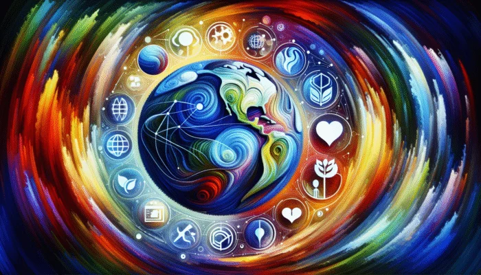 A vibrant digital art piece featuring a globe surrounded by diverse trending topics connected by universal strategies, in a modern, abstract style.