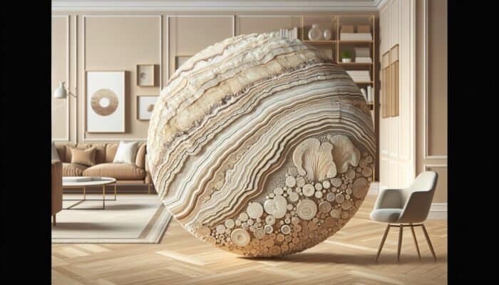 Cleaning Stained Limestone Floors: Cross-section of limestone with sedimentary layers and marine fossils, set against a warm home interior featuring limestone flooring.