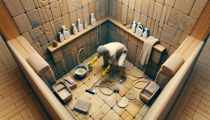 A person testing a pH-neutral cleaner on a limestone floor, with cleaning tools nearby in a well-ventilated room.