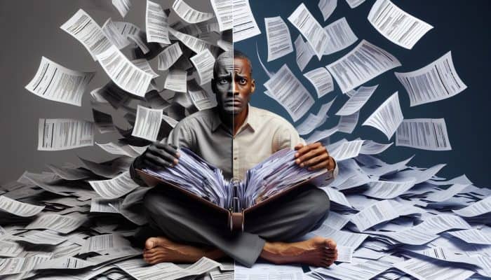 Understanding Debt Consolidation: A Comprehensive Overview | DCL Defining Debt Consolidation: A visual representation of a person consolidating multiple bills into one folder, symbolizing financial relief and clarity.