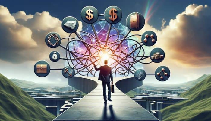 Essential Vocabulary for Understanding Debt Consolidation: A Comprehensive Guide | DCL A person confidently navigating a clear path through a complex financial landscape with labeled signposts under a bright sky.