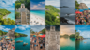 A collage of 12 images depicting beaches, ancient stone ruins, verdant landscapes, ocean vistas, crowded festivals with market stalls, boats on the water, and people enjoying sandy shores under both sunny and cloudy skies—ideal for a Belize travel guide.
