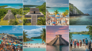A collage of eight images featuring ancient Mayan ruins, busy beaches, clear turquoise waters, a bustling marketplace with colourful umbrellas, tourists, and tropical landscapes under Belize's sunny and partly cloudy skies.