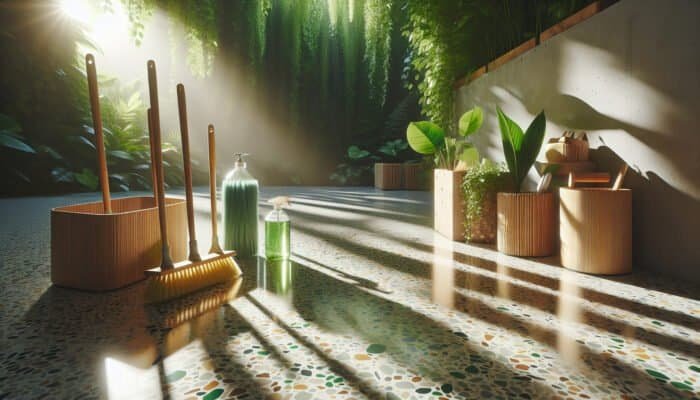 Restored terrazzo floor illuminated by natural light, surrounded by greenery, using eco-friendly tools and recycled materials.