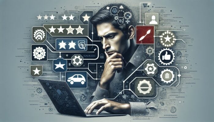 Individual analysing customer reviews on a laptop, surrounded by logos of rental companies, graphs, and star ratings.