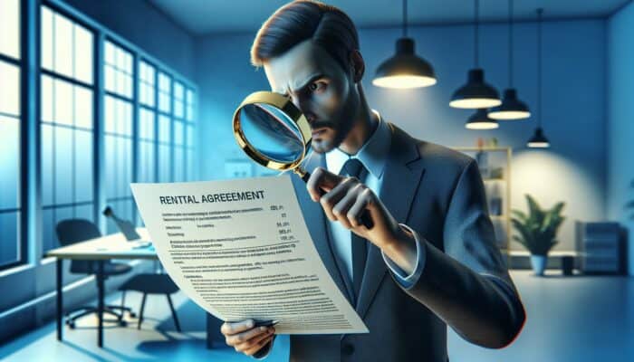 Individual using a magnifying glass to scrutinise a rental agreement, focusing on insurance and fees with concern.