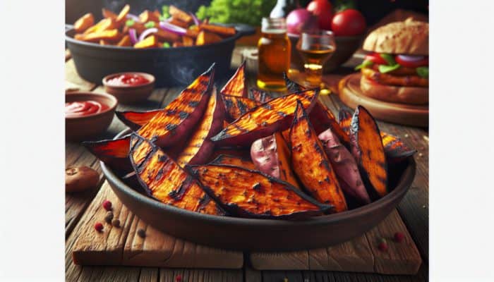 Gourmet Smoked Sweet Potato Wedges: Crispy smoked sweet potato wedges on a rustic table during a vibrant cookout.