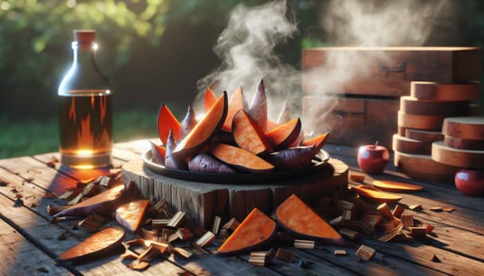 Gourmet smoked sweet potato wedges on a wooden table with hickory and applewood chips, surrounded by aromatic smoke in sunlight.
