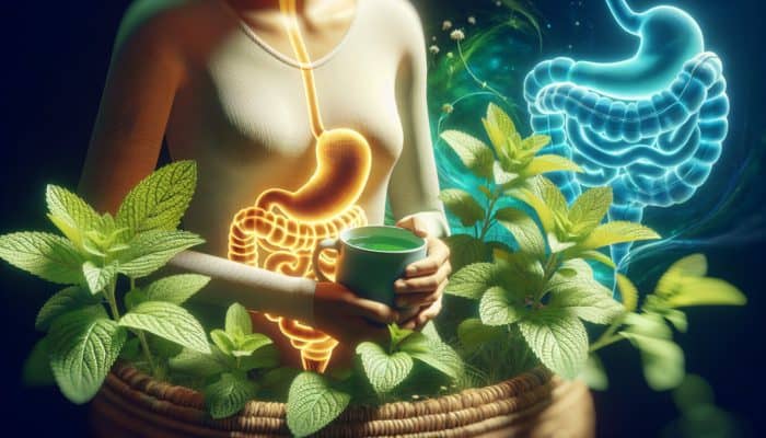 Best Herbs for Evidence-Based Healing: A person with peppermint tea, surrounded by plants, and a calm digestive system illustration, symbolising IBS relief.