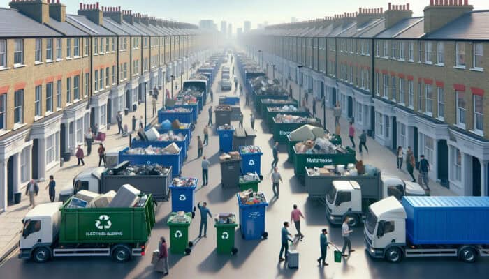 Diverse specialised recycling bins and trucks on a UK street, people sorting electronics, mattresses, and furniture.