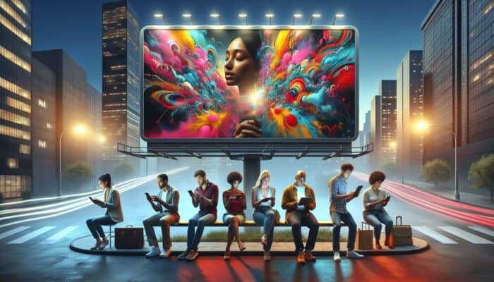 A digital billboard in a cityscape displaying engaging ads, with individuals viewing the same ads on their smartphones and laptops across various platforms.